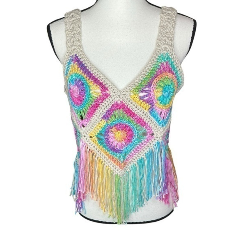 Festival Fringe Cropped Tank Top Handcrafted Crochet Granny Squared Cotton Knit